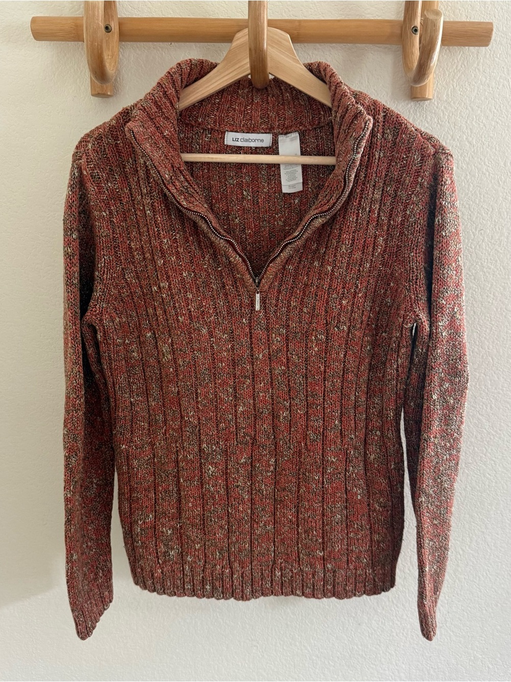 Y2K 90s granola gorpocore Liz Claiborne earth rust ribbed quarter zip sweater